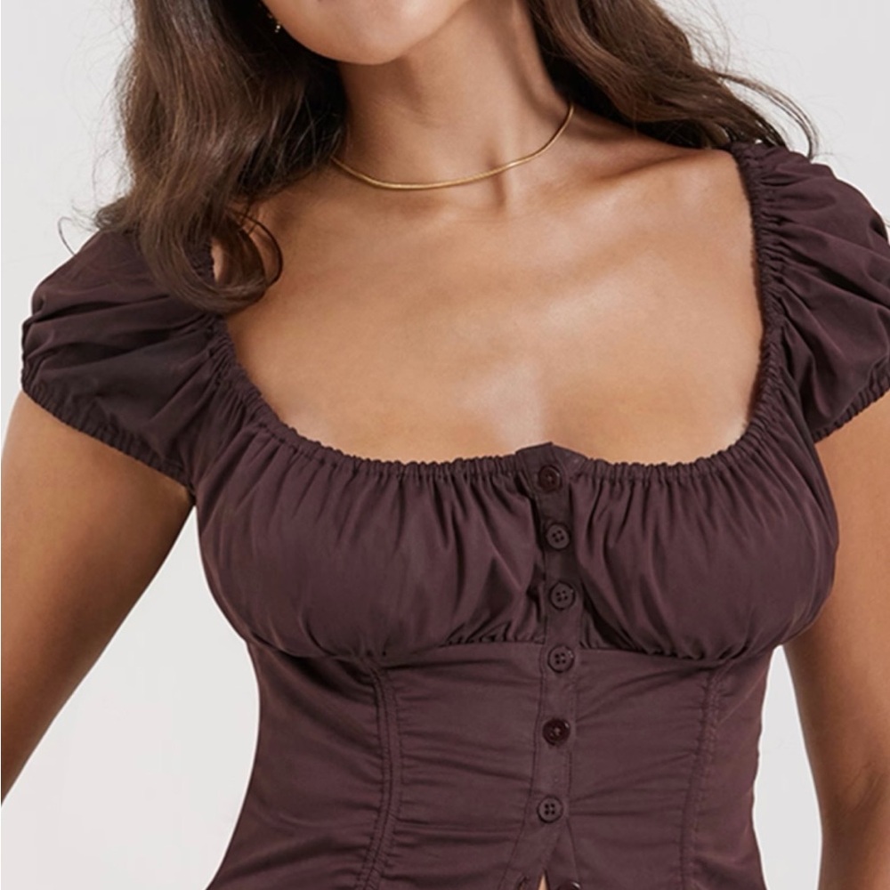 House of CB Chocolate-Brown Square Neck Puff Sleeve Button Down Top